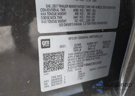 2021 Chevrolet Silverado 4Wd Standard Bed Lt z USA, uszkodzony, nr VIN 1GCUYDET6MZ351310